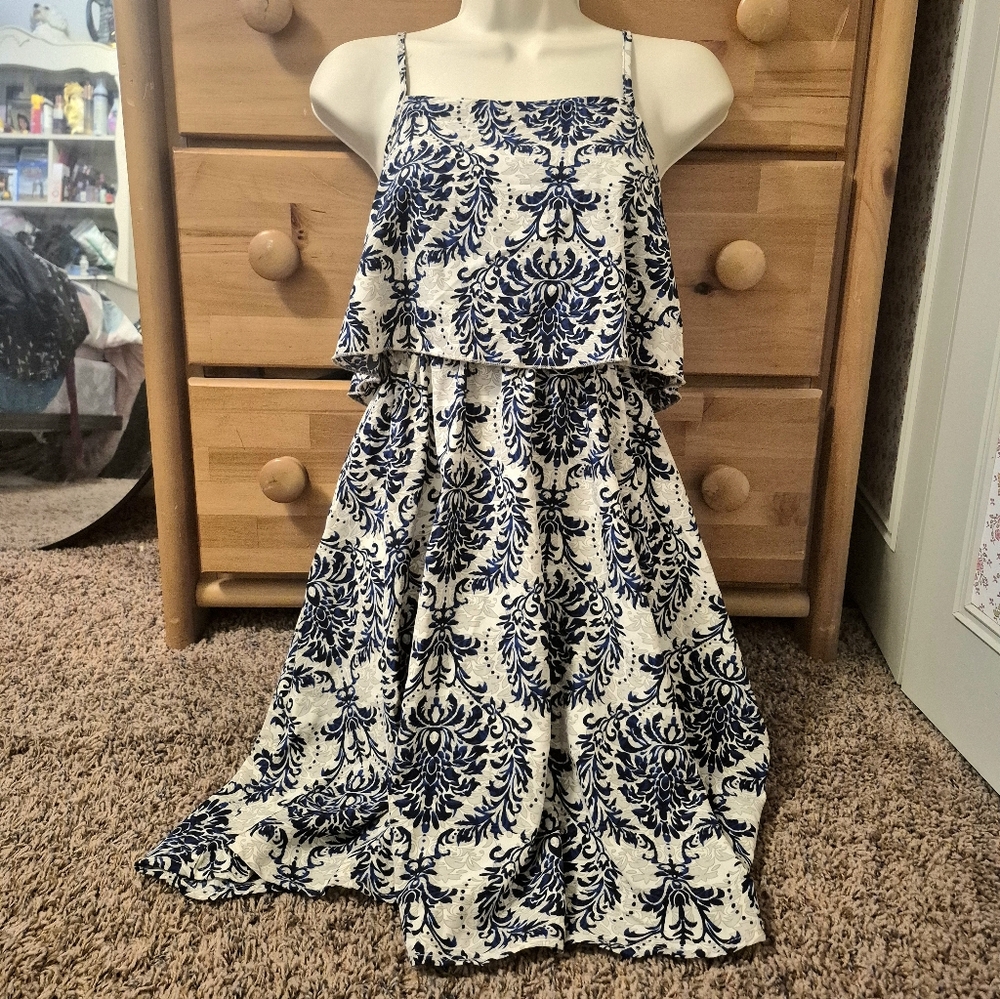 SHEIN Blue and Cream Floral Print Midi Dress Size M